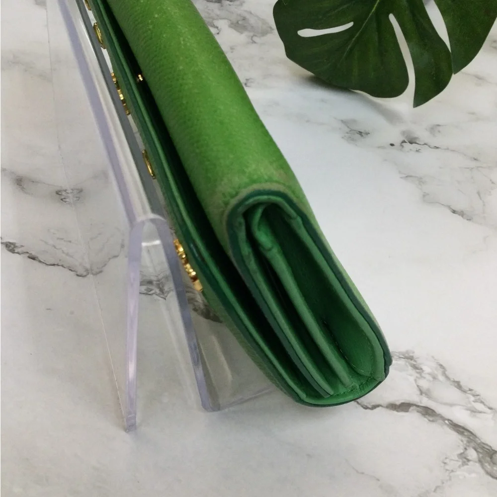GUC MCM Green Leather Continental Wallet with Gold Accents